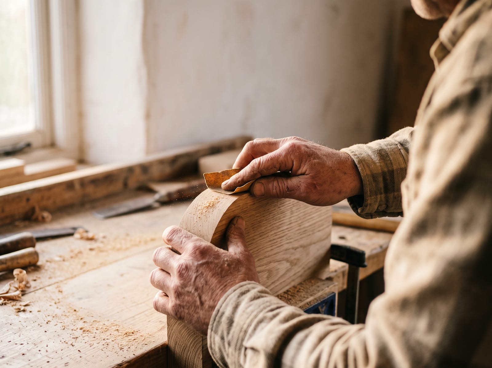 Weathered hands working a piece of oak by hand in soft morning light.