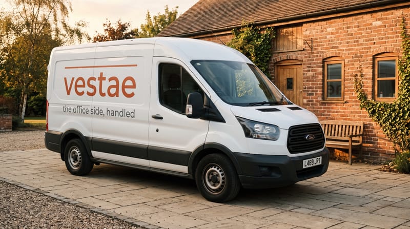 A white panel van with vestae sign writing in terracotta, parked by a brick workshop in late afternoon light.