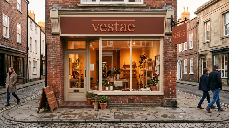 A shopfront on a British high street with a terracotta vestae fascia sign, hanging sign and A-board.