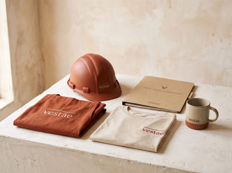 Branded workwear and merchandise: an apron, t-shirts, a hard hat, a document folder and a mug.