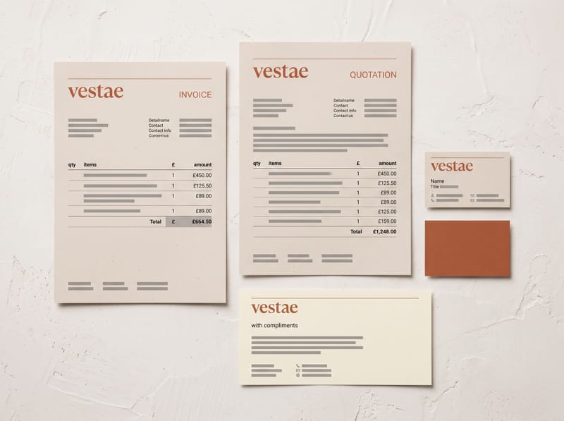 A branded invoice, quotation, compliments slip and business cards, with totals in pounds sterling.