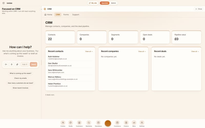 The Vestae operator with the chat pane on the left reading Focused on CRM, and the customer list open beside it.