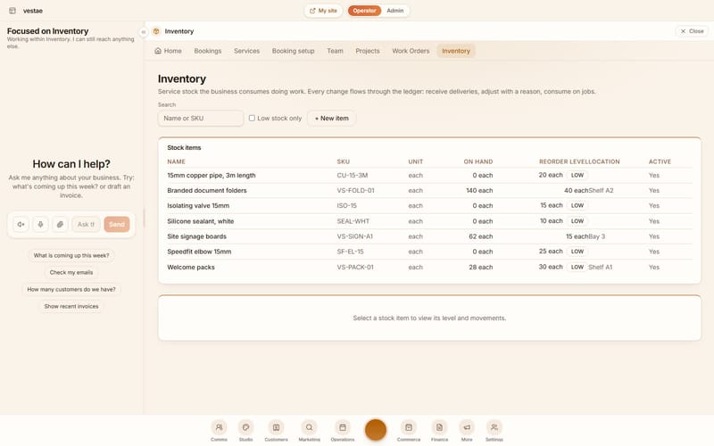 The operator with stock open beside the chat, showing quantities and reorder levels.