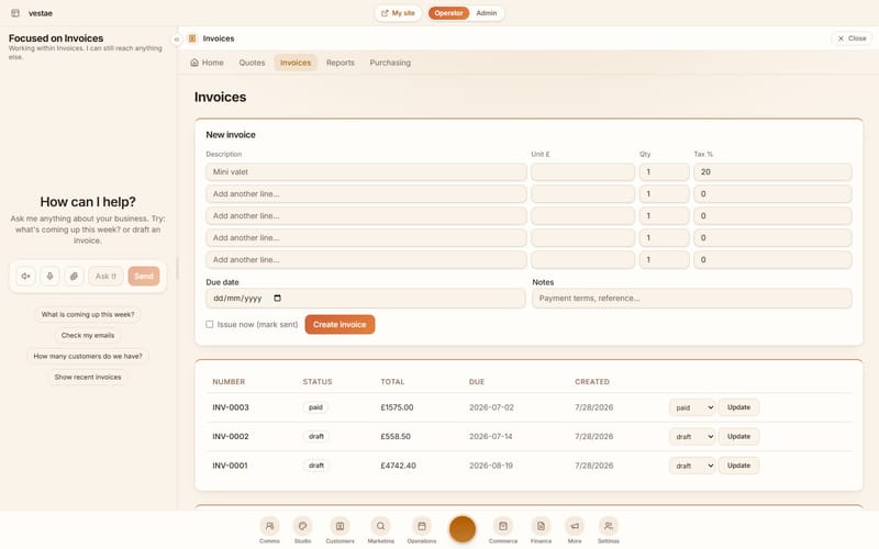 The operator with the invoice list open beside the chat, totals in pounds with paid and overdue status.