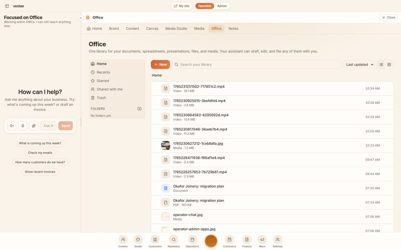The operator with the office app open beside the chat, listing documents, spreadsheets and presentations.