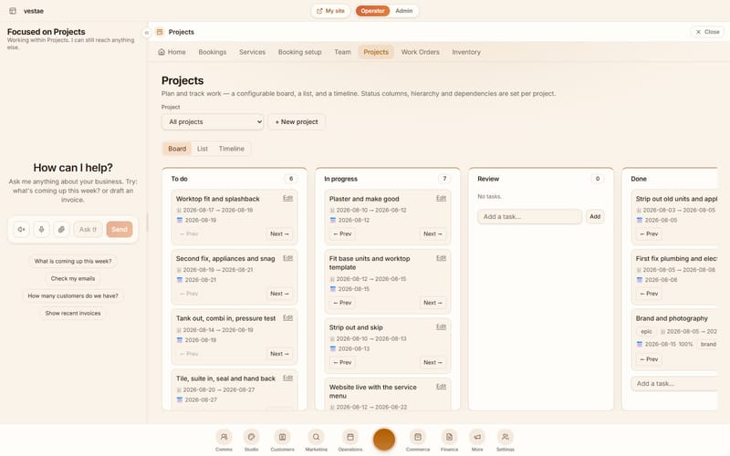 The operator with a project board open beside the chat, tasks in columns by status with their dates.
