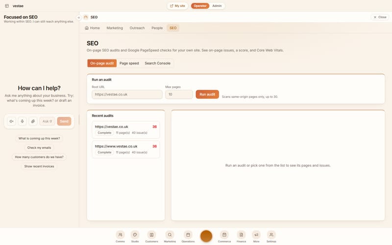 The operator with the SEO app open beside the chat, showing a real audit of this website with its score and issues.