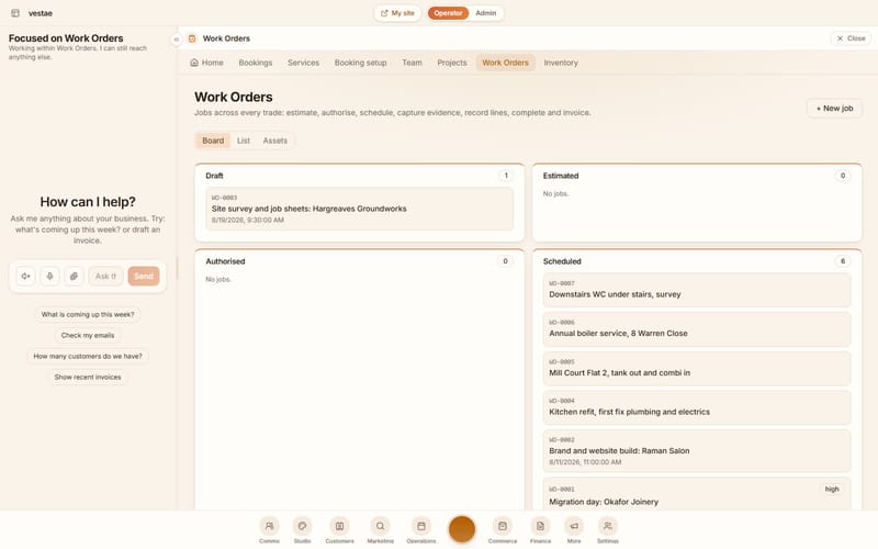 The operator with work orders open beside the chat, showing job numbers, customers and scheduled dates.